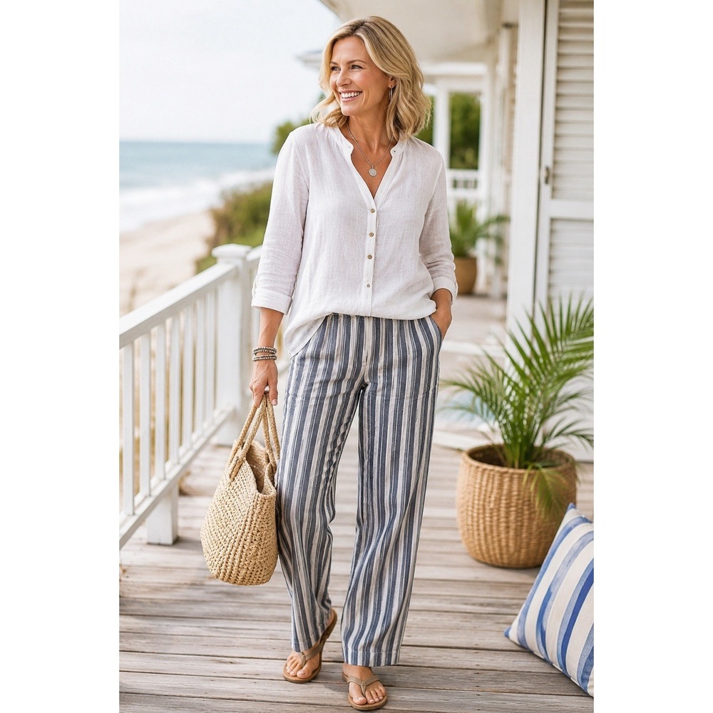 Chicos Striped Linen Blend Pants Women's Size 0 Blue White Straight Leg